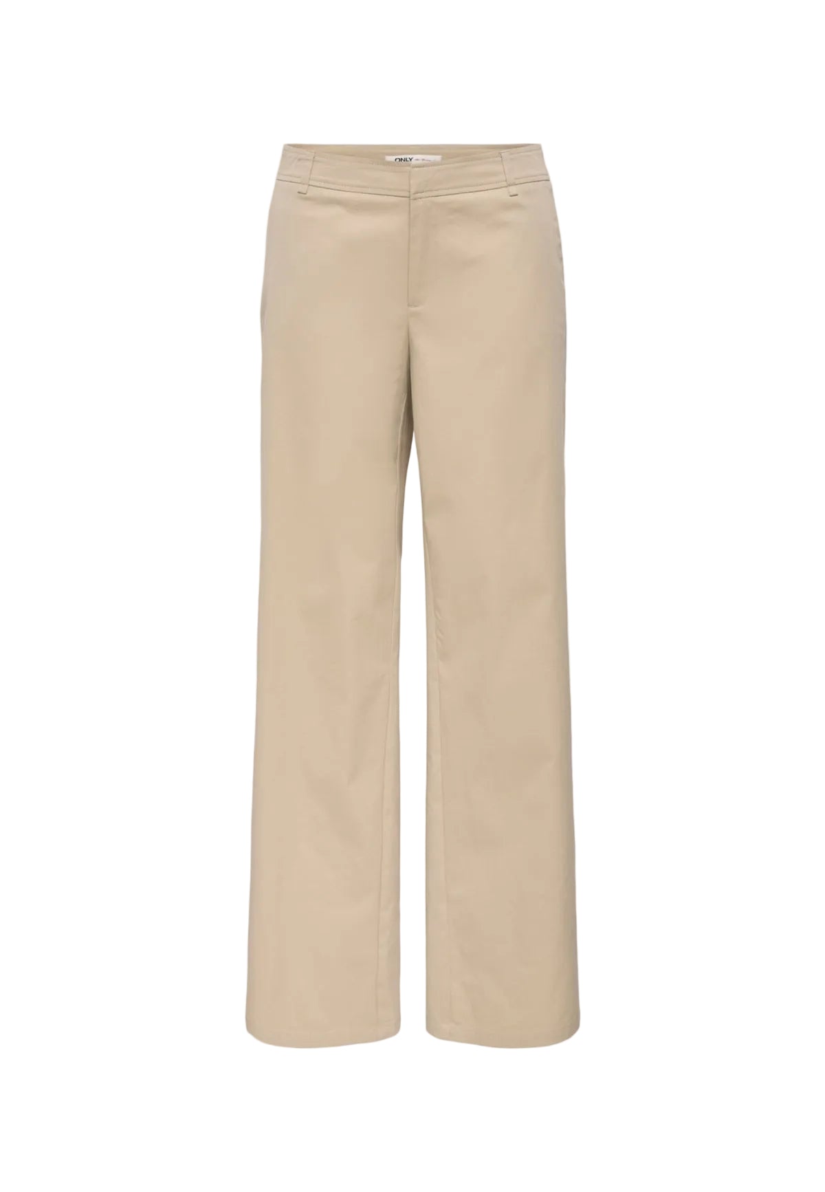 Pantaloni beige bootcut Only Onltanny, tessuto chino elasticizzato con cintura a fibbia; taglio ampio e svasato sul fondo, perfetti per valorizzare la silhouette in ogni occasione. Vista frontale Stesa 