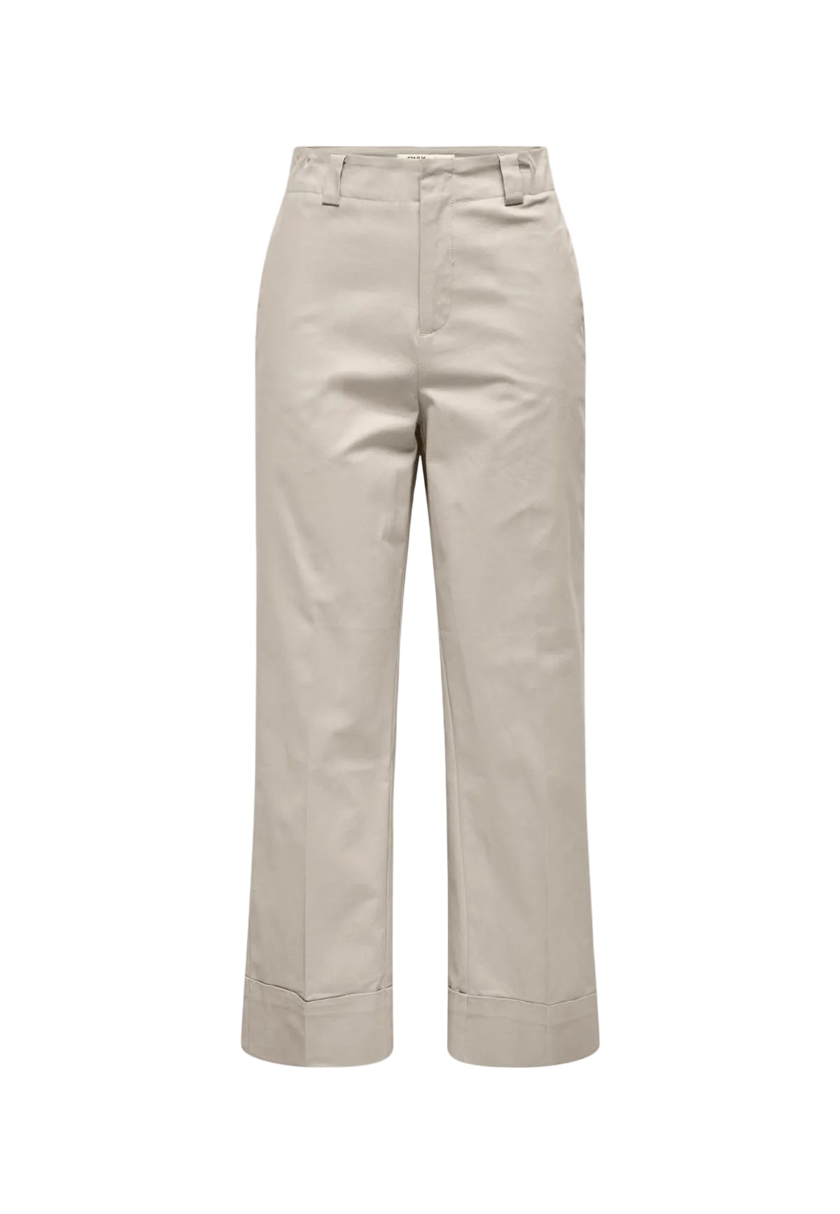 Pantaloni chino cropped beige chiaro Only Onlrosalie, 98% cotone e 2% elastan, vita alta con cintura e linea dritta; stile versatile per outfit casual-chic e professionali. Vista frontale