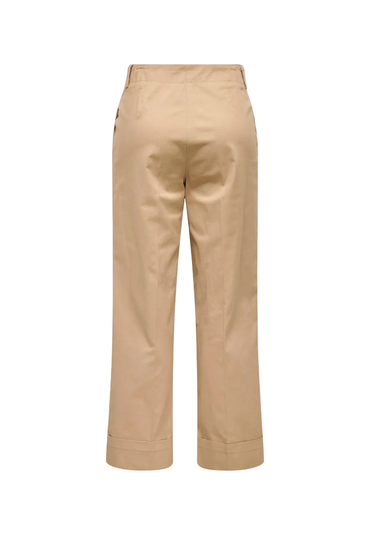 Pantaloni chino cropped beige scuro Only Onlrosalie, 98% cotone e 2% elastan, vita alta con cintura e linea dritta; stile versatile per outfit casual-chic e professionali. Vista posteriore 