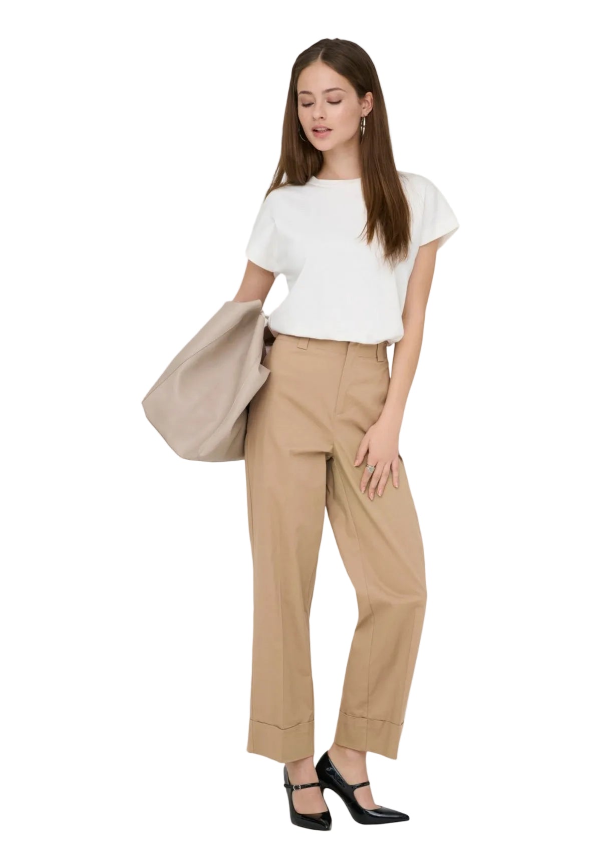 Pantaloni chino cropped beige scuro Only Onlrosalie, 98% cotone e 2% elastan, vita alta con cintura e linea dritta; stile versatile per outfit casual-chic e professionali. Vista frontale Figura intera 