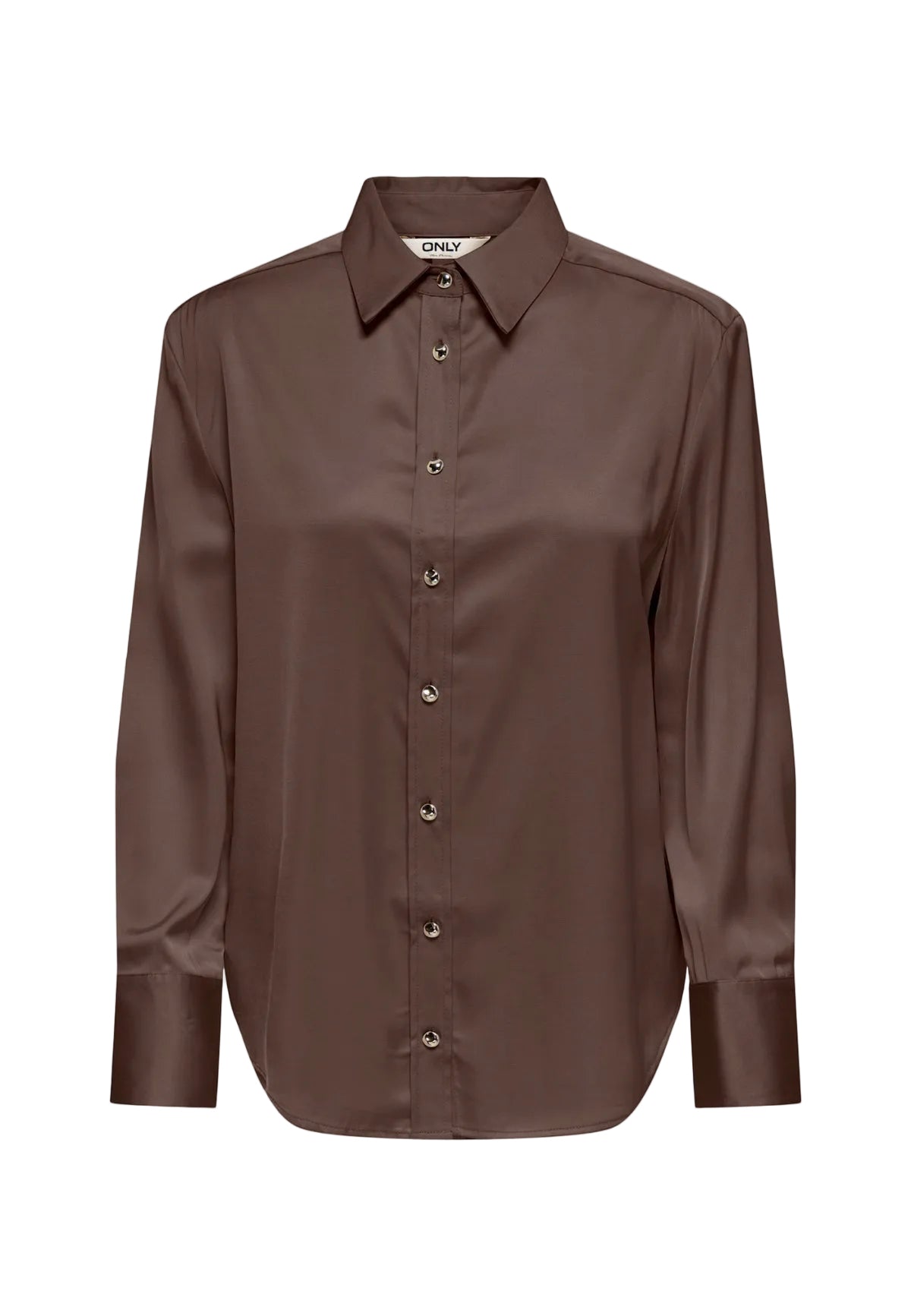 Camicia marrone Only Onlzora Mika, misto viscosa e poliestere riciclato, maniche lunghe e chiusura a bottoni; tessuto morbido e traspirante dalla vestibilità confortevole. Vista frontale Stesa