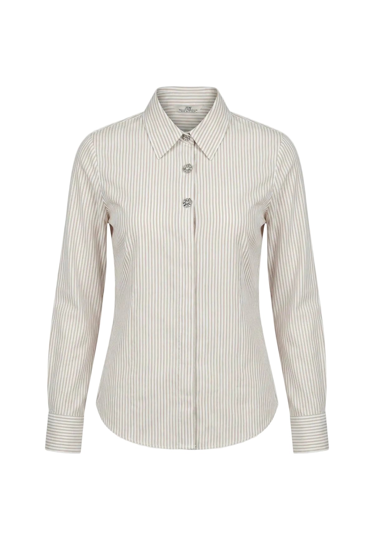 Camicia beige JDY Soho Loose Striped, maniche lunghe, design a righe verticali e vestibilità ampia; capo versatile in misto cotone, ideale da indossare aperta o chiusa. Vista frontale Stesa