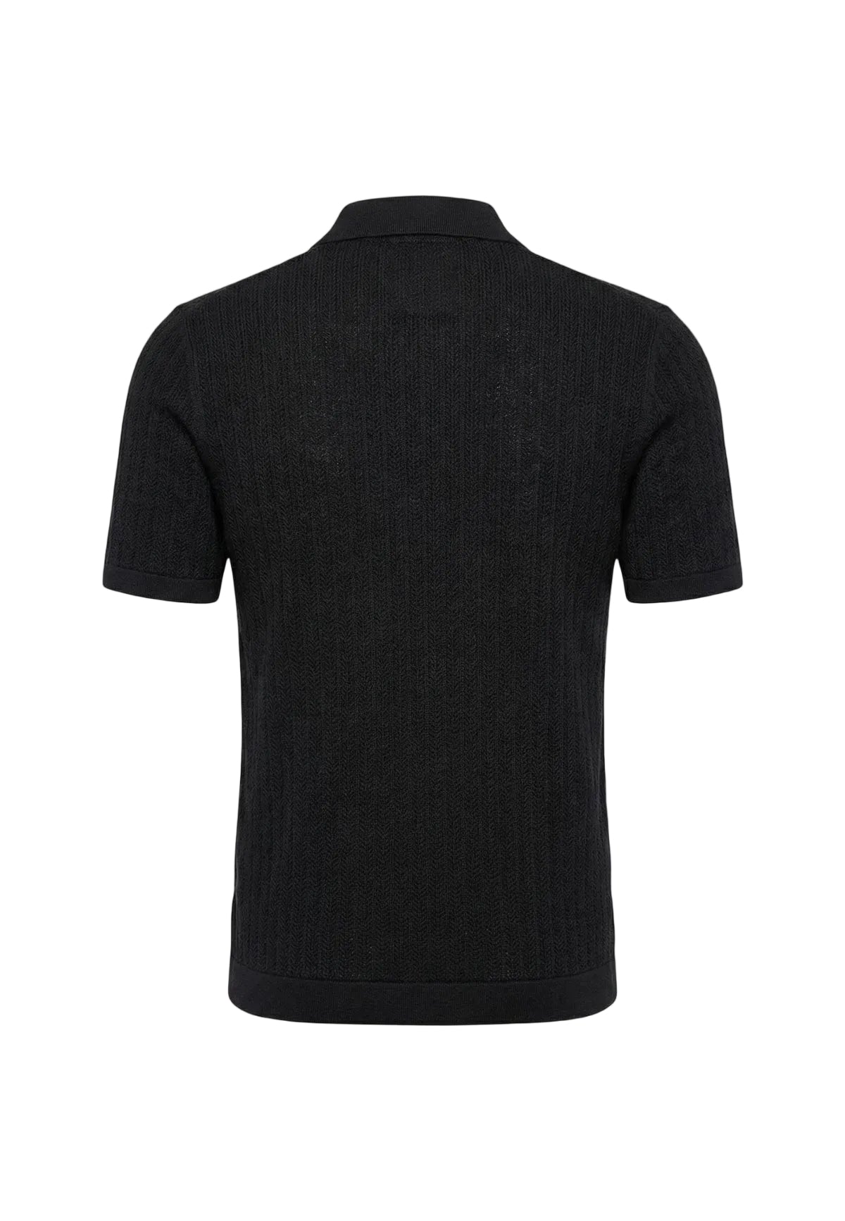 Polo nera Only & Sons Onsmoon Knit, 80% cotone e 20% nylon, texture in maglia fine e chiusura a tre bottoni; maglia polo leggera dalla vestibilità regular e stile ricercato. Vista posteriore retro