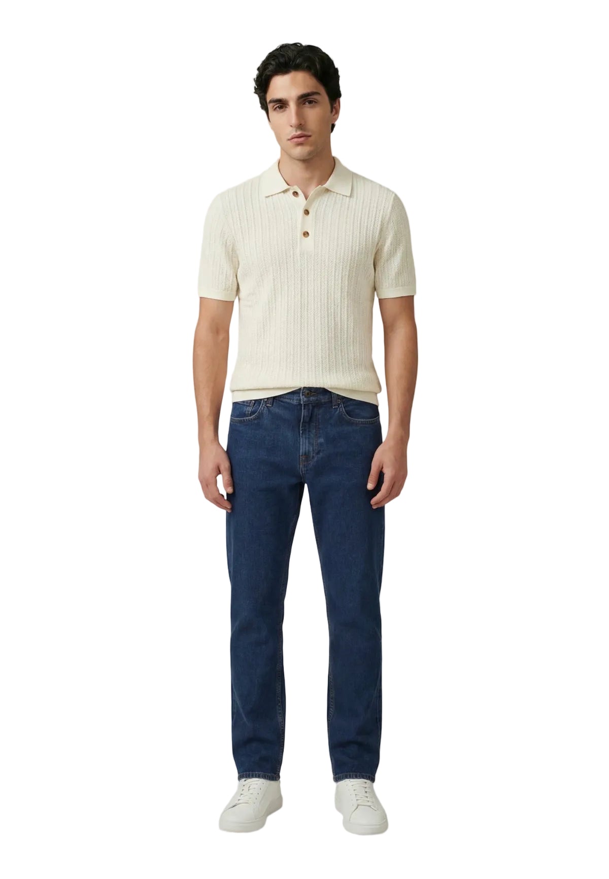 Polo beige Only & Sons Onsmoon Knit, 80% cotone e 20% nylon, texture in maglia fine e chiusura a tre bottoni; maglia polo leggera dalla vestibilità regular e stile ricercato. Vista frontale Figura intera 