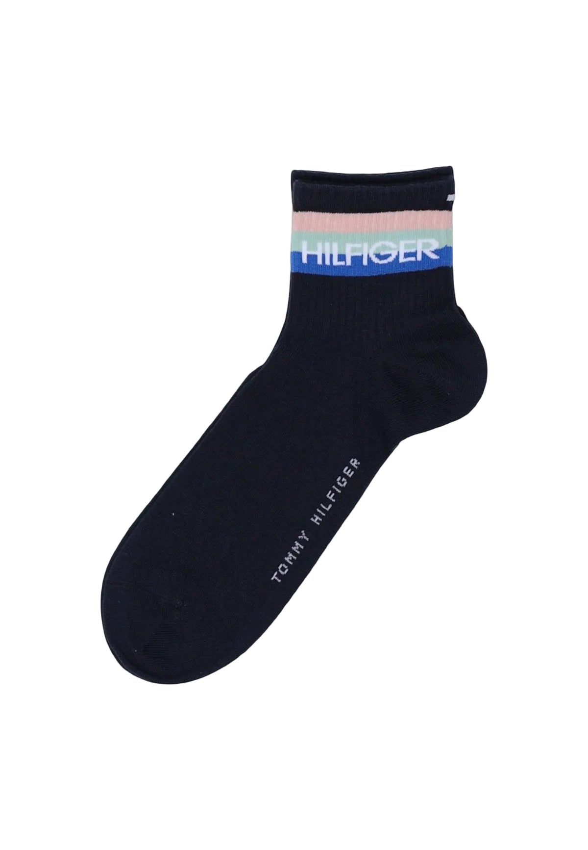 Calzini bianchi Tommy Hilfiger TH Men Quarter 2P Sport, misto cotone traspirante con logo ricamato e scritte distintive; pack da 2 paia con rinforzo su tallone e punta. Vista frontale Paio blu navy