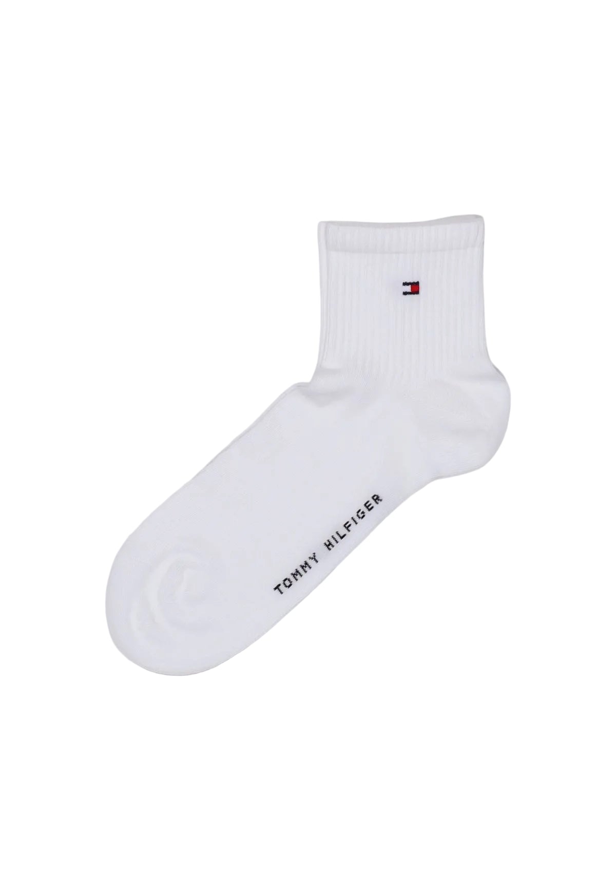 Calzini bianchi Tommy Hilfiger TH Men Quarter 2P Sport, misto cotone traspirante con logo ricamato e scritte distintive; pack da 2 paia con rinforzo su tallone e punta. Vista frontale Un paio 