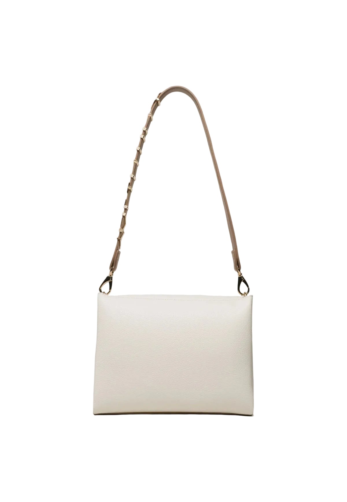 Borsa bianca Valentino Alexia VBS5A803, chiusura a patta con logo e tracolla speciale con lettere iconiche; borsa media versatile con interno organizzato e finiture premium. Vista posteriore con tracolla 