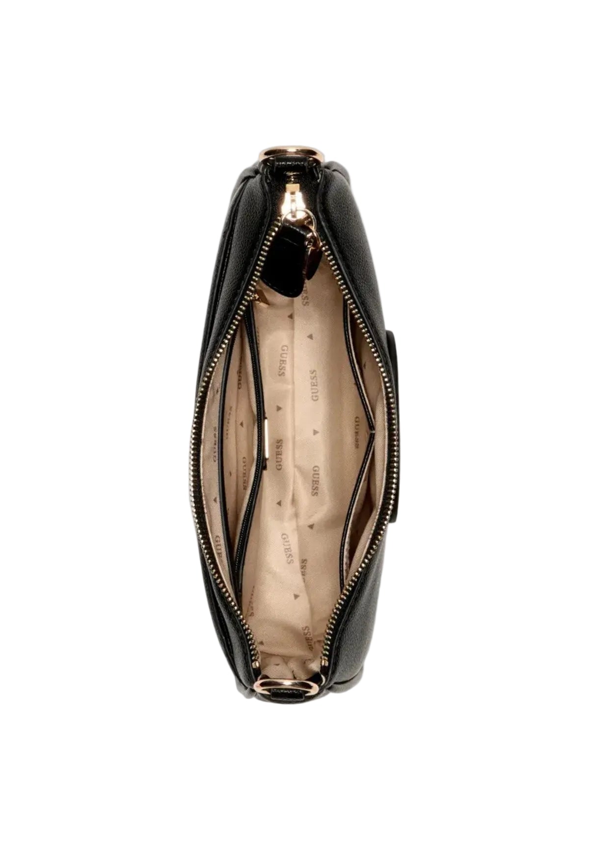 Guess Isola Shoulder Bag nero HWBG99, borsa media con chiusura a zip e logo gold; struttura resistente e design pulito con interni organizzati e dettagli metallici dorati. Vista frontale Aperta