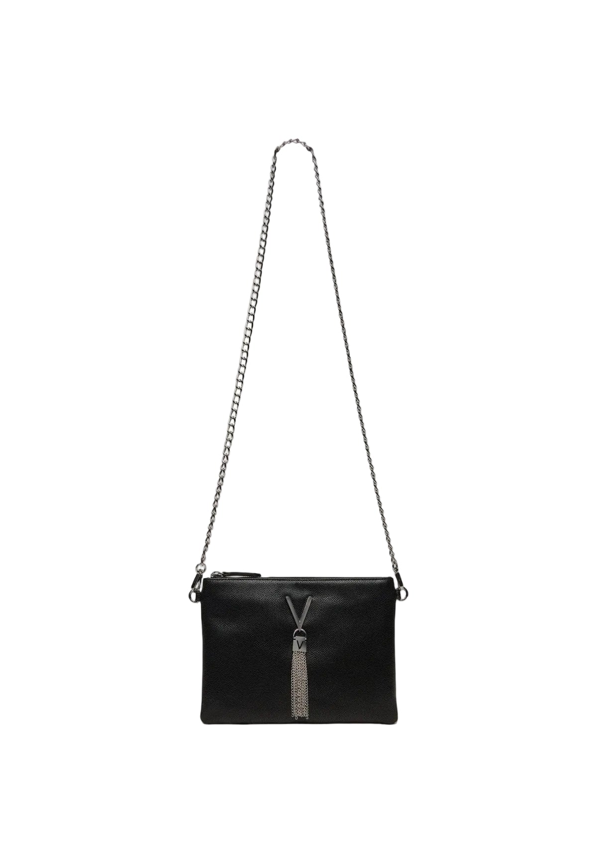 Valentino nera Bags Divina VBS1R419G, pochette con tracolla a catena e nappina dorata; design effetto martellato con chiusura a zip, accessorio versatile per cerimonie o uso quotidiano. Vista frontale Con tracolla