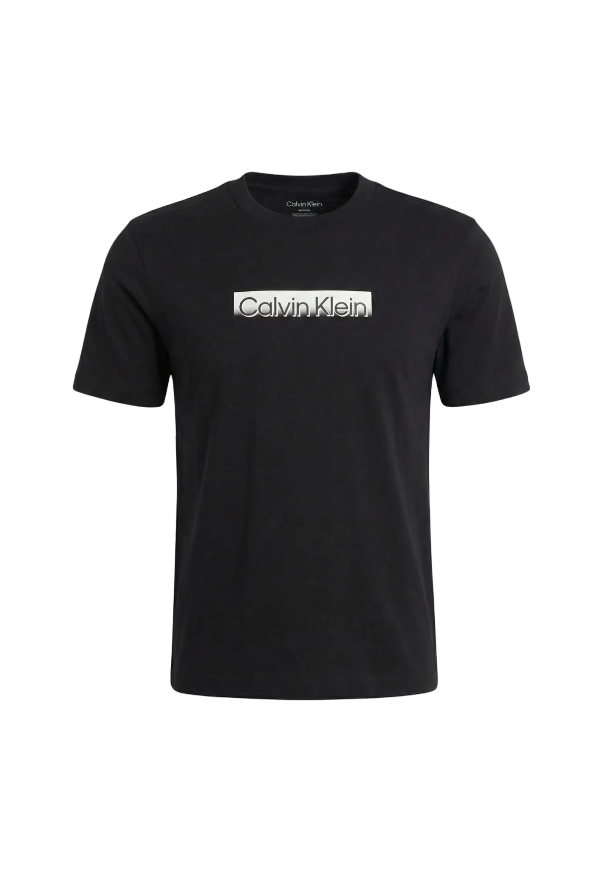 T-shirt nera Calvin Klein LV04LF812G, 100% cotone, vestibilità regular; maglia a maniche corte con logo centrale stampato, stile contemporaneo e versatile. Vista frontale Stesa