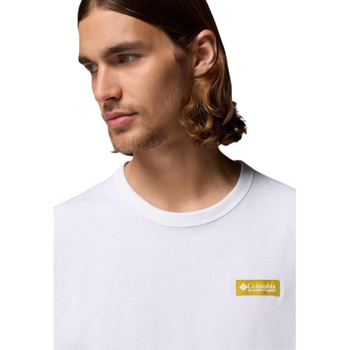 Columbia CSC™ Heavyweight T-shirt blu, maglia uomo in cotone robusto; stile classico con stampa logo, tessuto ad alto spessore per un comfort prolungato e massima durata. Vista frontale Dettaglio