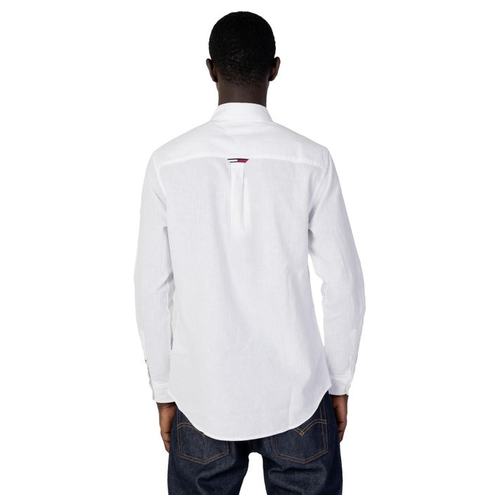 Tommy Hilfiger Jeans Camicia Uomo Bianco Bottoni Maniche Lunghe Colletto Classico Cotone 58% Lino 48% Primavera Estate DM0DM16272