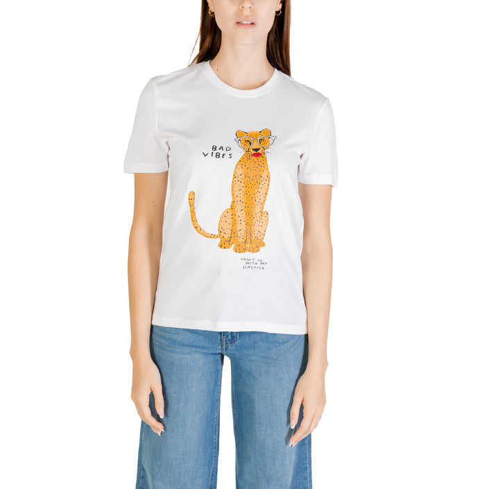 Only T-Shirt Donna Bianca Stampa Manica Corta Scollo Tondo 100% Cotone Organico Primavera/Estate 15353246