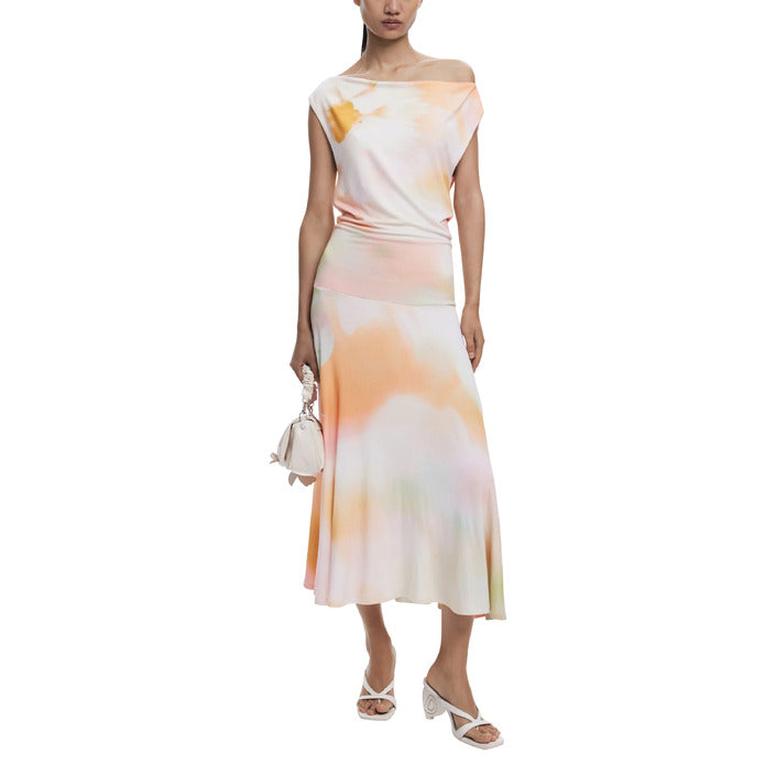 Desigual Abito Lungo Donna Arancione Smanicato con Scollo a Barca in Viscosa 96% Elastan 4% 25WWVKX5