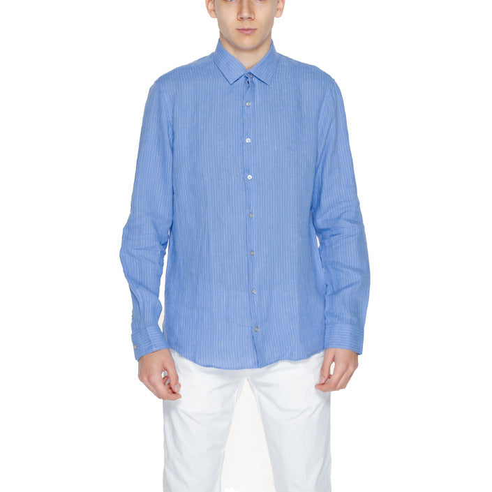 Calvin Klein Camicia Uomo Beige Gessato Manica Lunga Bottoni Colletto Classico 100% Lino Primavera/Estate K10K112887