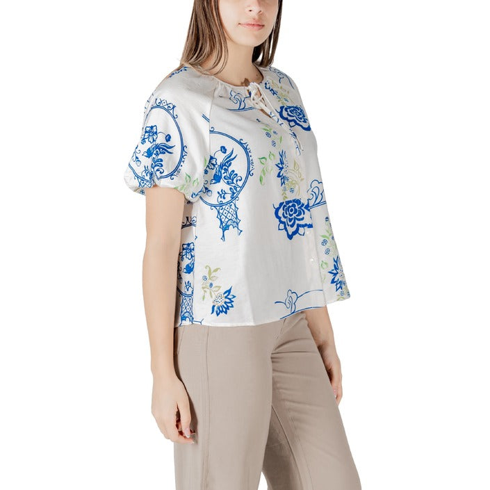 Ichi Blusa Donna Bianco Floreale Bottoni Scollo Tondo 13% Lino 12% Poliammide 75% Viscosa Primavera/Estate 20122797