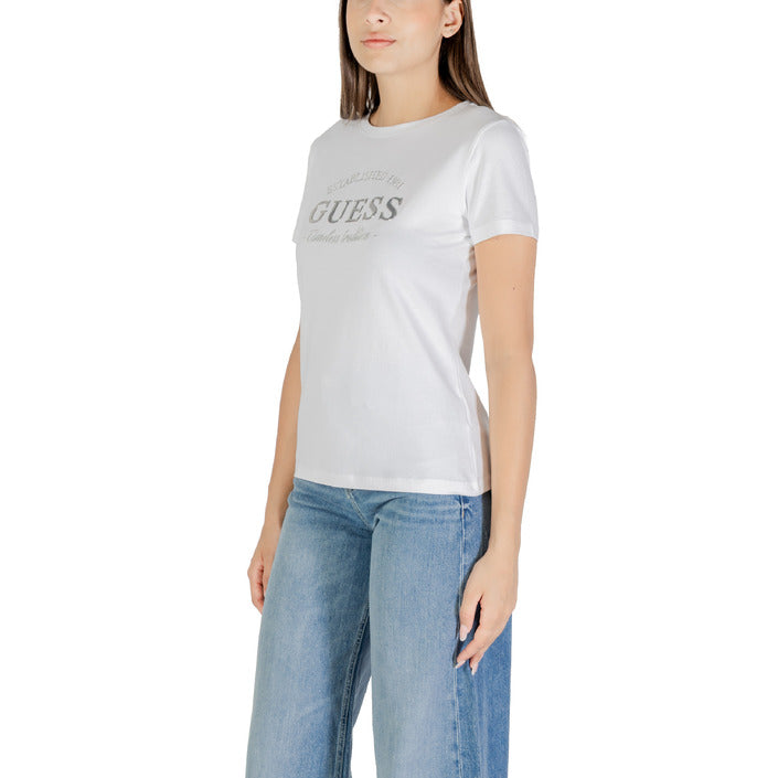 Guess Active T-Shirt Donna Bianca Stampa Manica Corta Scollo Tondo 95% Cotone 5% Elastan Primavera/Estate V5YI12 J1314