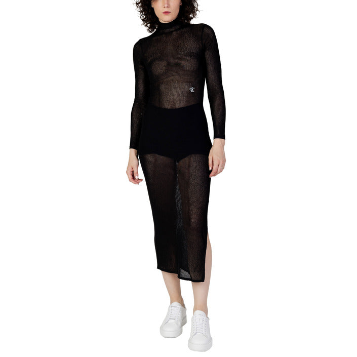 Calvin Klein Jeans Abito Lungo Donna Nero con Maniche Lunghe in Acrilico 63% Poliammide 37% J20J222275