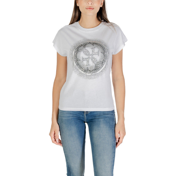 Guess T-Shirt Donna Bianca Stampa Manica Corta Scollo Tondo 100% Cotone Primavera/Estate W5YI14 I3Z14