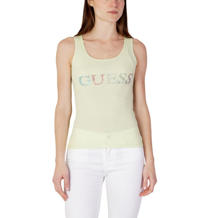 Guess Canotta Donna Verde Monocromo Smanicato Scollo Tondo Strass 100% Cotone Primavera/Estate W3GP43K9I51