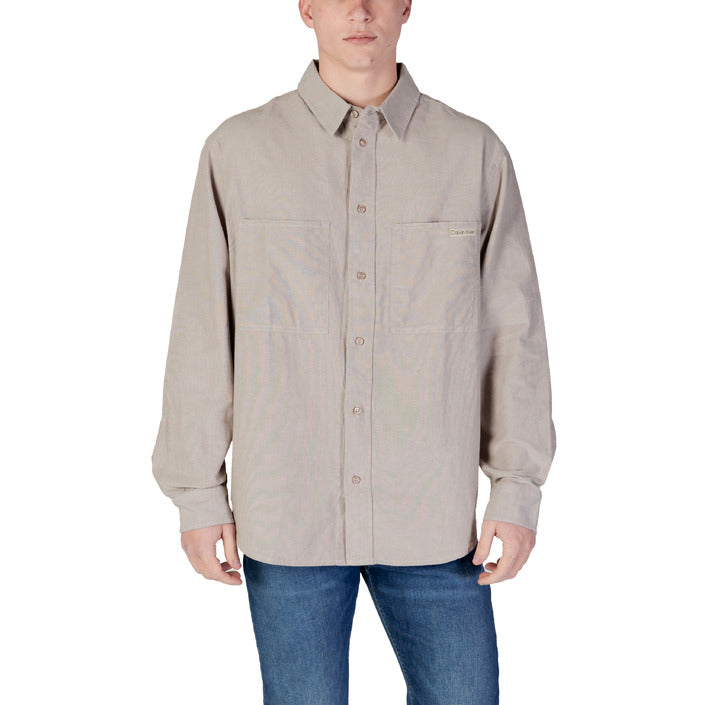 Calvin Klein Jeans Camicia Uomo Beige Monocromo Manica Lunga Bottoni Colletto Classico 100% Cotone Primavera/Estate J30J326726