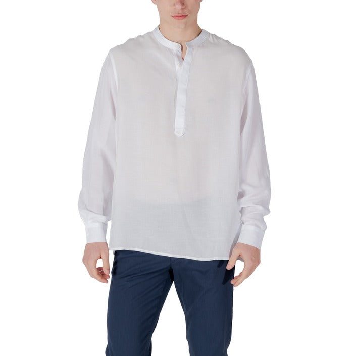 Antony Morato Camicia Uomo Bianco Manica Lunga Bottoni Scollo Tondo Colletto alla Coreana 80% Lyocell 20% Lino Primavera/Estate MMSL00758-FA400094