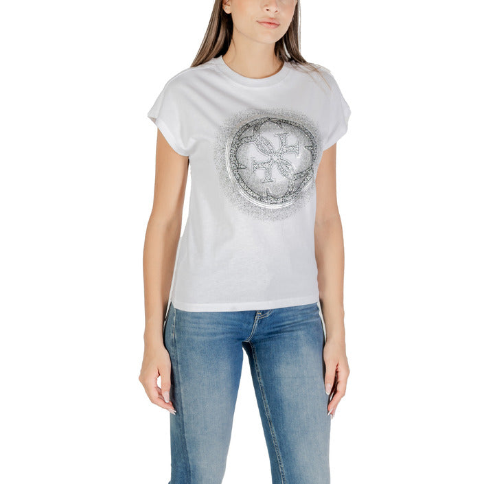Guess T-Shirt Donna Bianca Stampa Manica Corta Scollo Tondo 100% Cotone Primavera/Estate W5YI14 I3Z14