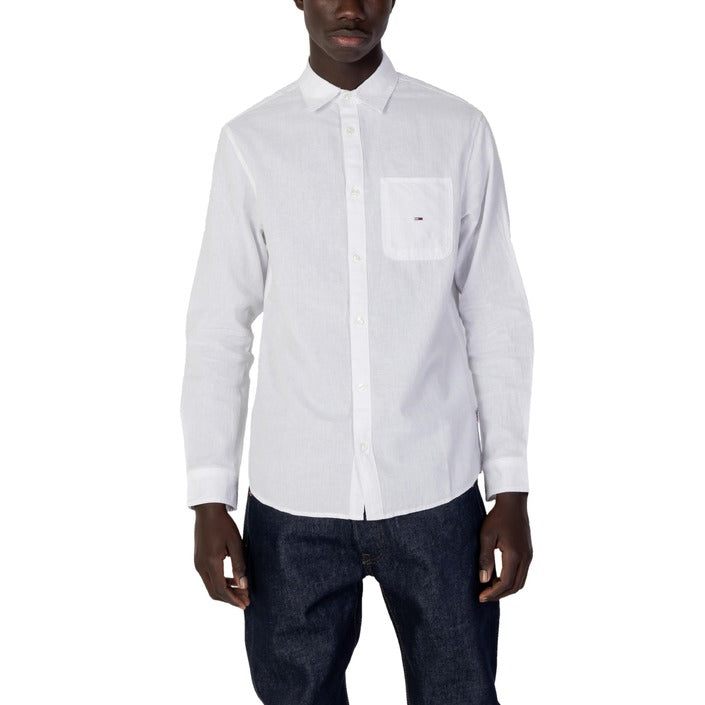 Tommy Hilfiger Jeans Camicia Uomo Bianco Bottoni Maniche Lunghe Colletto Classico Cotone 58% Lino 48% Primavera Estate DM0DM16272