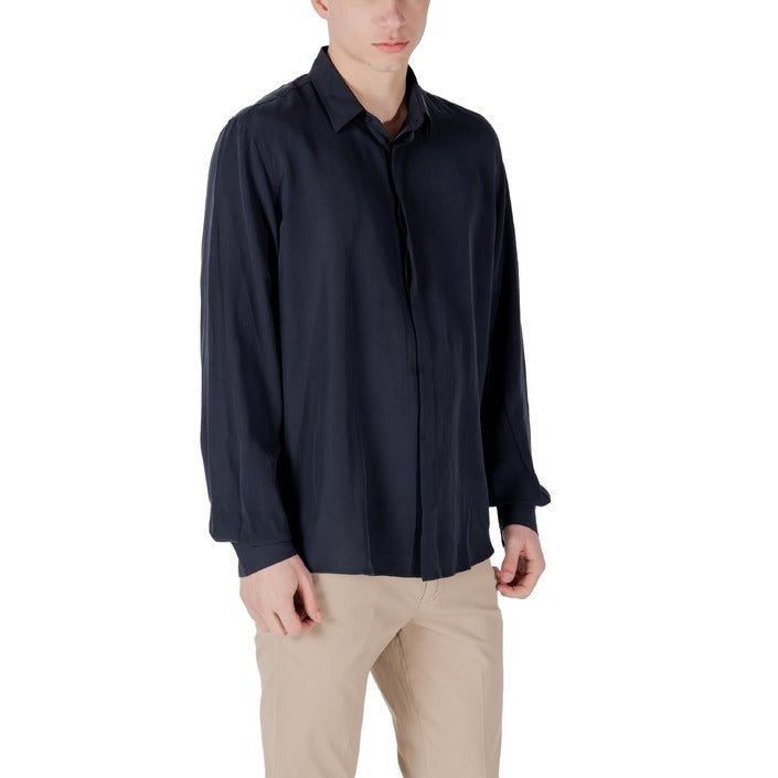 Antony Morato Camicia Uomo Blu Manica Lunga Bottoni Scollo Tondo Colletto Classico 80% Lyocell 20% Lino Primavera/Estate MMSL00757-FA400094