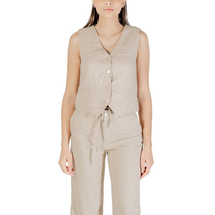 Only Gilet Donna Verde Smanicato Bottoni Scollo V Tasche Anteriori 30% Lino 70% Viscosa Primavera/Estate 15338714