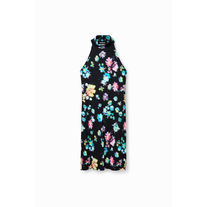 Desigual Abito Corto Donna Nero Stampa Smanicato con Scollo Tondo in Viscosa 95% Elastan 5% 23SWVK56