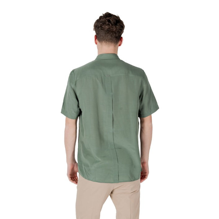 Antony Morato Camicia Uomo Verde Manica Corta Bottoni Scollo Tondo Colletto Classico 80% Lyocell 20% Lino Primavera/Estate MMSS00194-FA400094