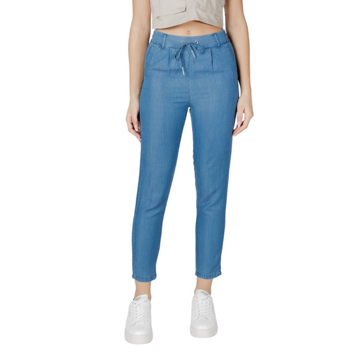 Only Pantaloni Donna Azzurro Lacci Tasche Anteriori e Posteriori 100% Lyocell Primavera/Estate 15342874