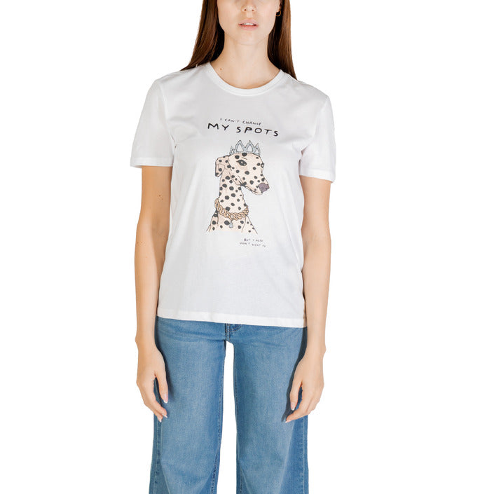 Only T-Shirt Donna Bianca Stampa Manica Corta Scollo Tondo 100% Cotone Organico Primavera/Estate 15353246