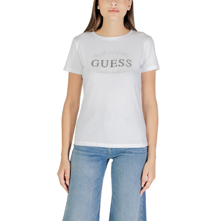 Guess Active T-Shirt Donna Bianca Stampa Manica Corta Scollo Tondo 95% Cotone 5% Elastan Primavera/Estate V5YI12 J1314