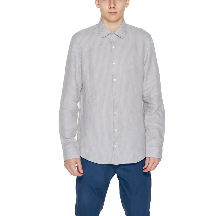 Calvin Klein Camicia Uomo Beige Gessato Manica Lunga Bottoni Colletto Classico 100% Lino Primavera/Estate K10K112887