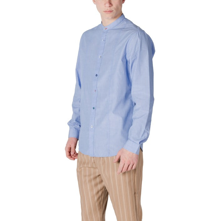 Gianni Lupo Camicia Uomo Azzurro Manica Lunga Bottoni Scollo Tondo Colletto alla Coreana 60% Cotone 40% Poliestere Primavera/Estate GL201WL