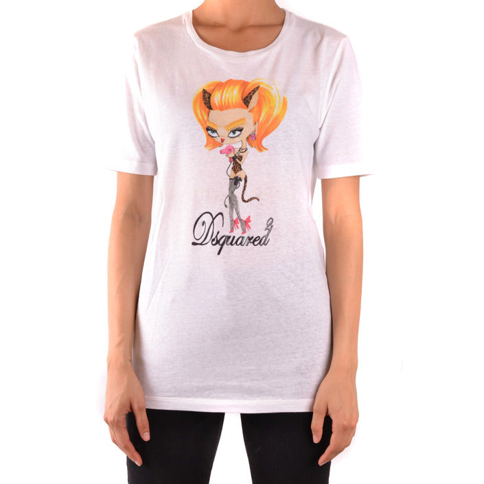 Dsquared T-Shirt Donna Bianca Stampa Manica Corta Scollo Tondo 70% Cotone 30% Lino Primavera/Estate B_38208