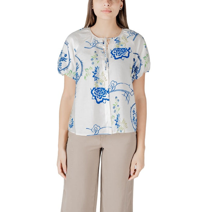 Ichi Blusa Donna Bianco Floreale Bottoni Scollo Tondo 13% Lino 12% Poliammide 75% Viscosa Primavera/Estate 20122797