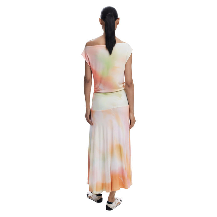 Desigual Abito Lungo Donna Arancione Smanicato con Scollo a Barca in Viscosa 96% Elastan 4% 25WWVKX5