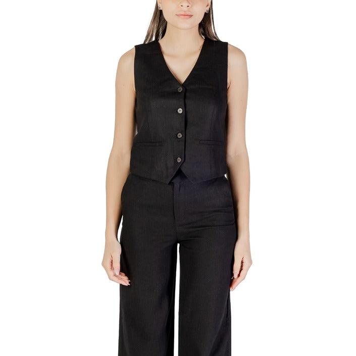 Only Gilet Donna Verde Smanicato Bottoni Scollo V Tasche Anteriori 30% Lino 70% Viscosa Primavera/Estate 15338714