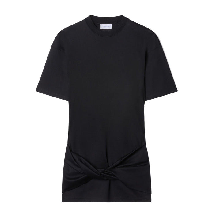 Off-White Abito Corto Donna Nero con Maniche Corte Scollo Tondo in Cotone 100% EBO_2125