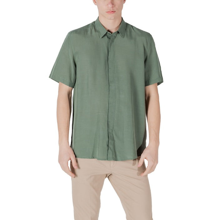 Antony Morato Camicia Uomo Verde Manica Corta Bottoni Scollo Tondo Colletto Classico 80% Lyocell 20% Lino Primavera/Estate MMSS00194-FA400094