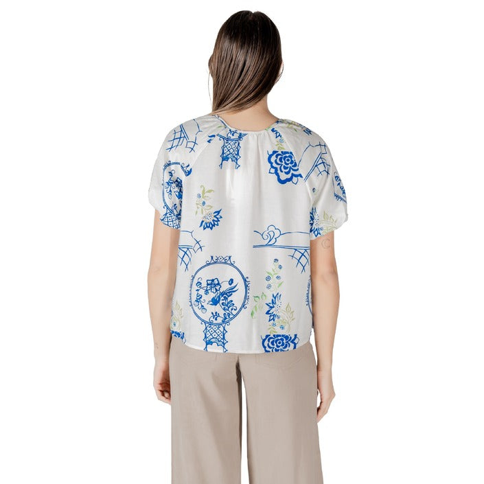 Ichi Blusa Donna Bianco Floreale Bottoni Scollo Tondo 13% Lino 12% Poliammide 75% Viscosa Primavera/Estate 20122797