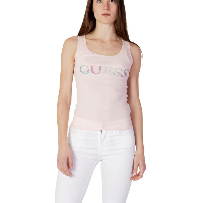 Guess Canotta Donna Verde Monocromo Smanicato Scollo Tondo Strass 100% Cotone Primavera/Estate W3GP43K9I51