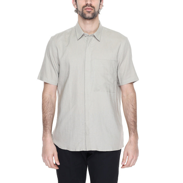 Antony Morato Camicia Uomo Beige Monocromo Manica Corta Bottoni Colletto Classico 55% Lino 45% Viscosa Primavera/Estate MMSS00184-FA400094