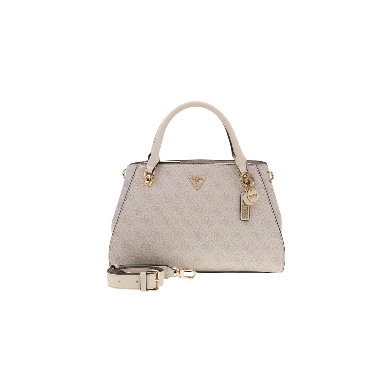 Borsa Satchel Bianca Grande Donna Guess Noelle II; Misure 31x20x13 cm. Tessuto 100% poliuretano con stampa logo, doppi manici, tracolla rimovibile e chiusura con cerniera. Triangolo logo in metallo dorato e tasca posteriore, stile elegante Primavera-Estate. Vista con tracolla 