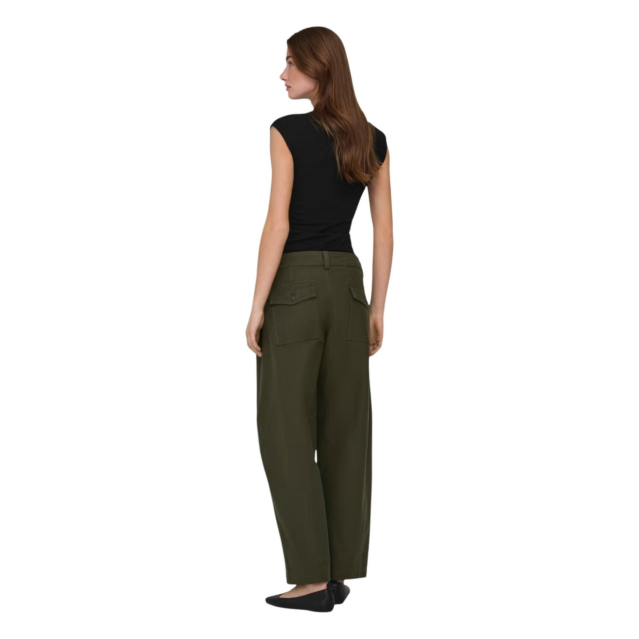 T-shirt Smanicata Nera Donna Only Onlmira Jersey; Tessuto 95% cotone e 5% elastam con spalline strutturate e girocollo. Dettaglio arricciato laterale, stile casual-elegante leggero. Posteriore 