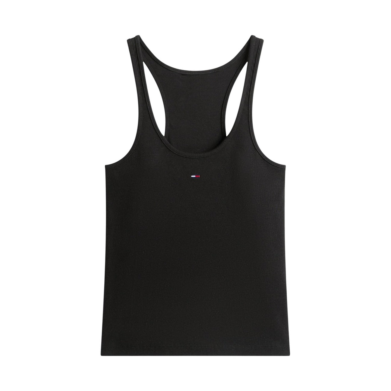 Canotta Tommy Hilfiger Jeans; Nero, Cotone Stretch a coste. Schiena incrociata, slim fit, logo ricamato. Traspirante e modellante, ideale per la stagione Primavera/Estate. Vista stesa 