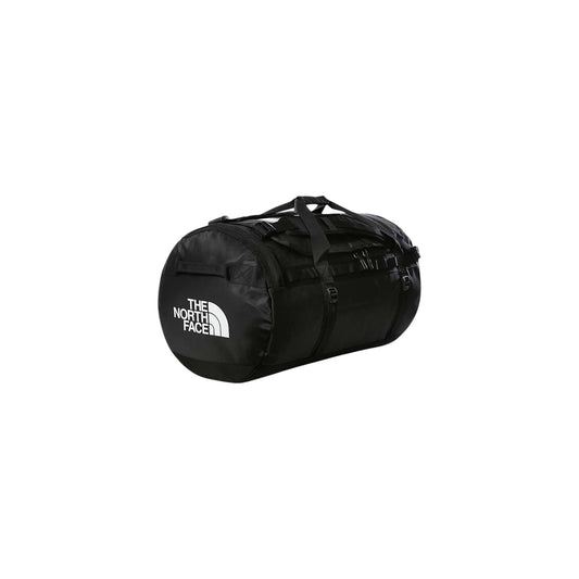 Borsone The North Face Base Camp L; Nero, 100% Riciclato. Capacità 95L, idrorepellente, trasformabile in zaino. Cinghie di compressione e tasche extra. Ideale per viaggi lunghi e attrezzatura sportiva. Vista frontale laterale 